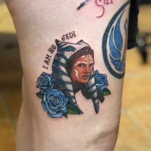 18 Realistic Color Inked Ahsoka face with Rose Flower Tattoo on Thigh Side