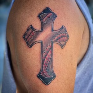 19 Creative Baseball Stiches in Christian Cross Tattoo on Amr