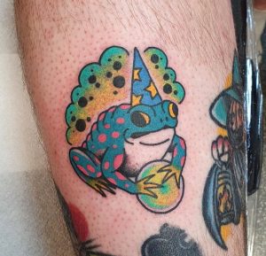 19 Fabulous Color Ink Baby Frog Celeriting Birthday Tattoo on Leg