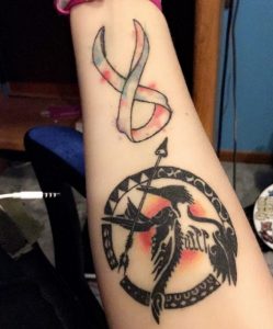 19 Fantastic Black Ink Mockingjay Bird with Victory Leace Tattoo on Half Sleeve