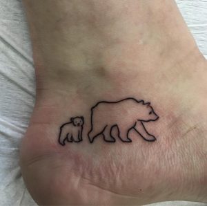 19 Increbile Fine Line Black Ink Momma Bear with Baby Bear Cub Tattoo on Ankle