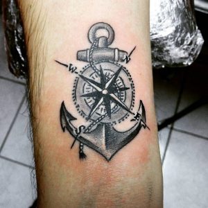 Small Anchor & Compass Tattoo on Elbow Upper Side