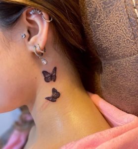 19 Little Butterflies Flying Tattoo on Neck Side