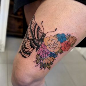 19 Storyfull Color Inked Flower with Butterfly Tattoo on Thigh