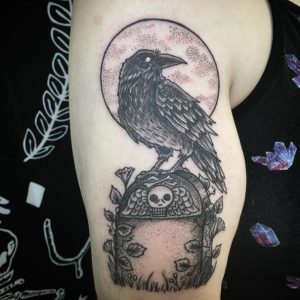 19 Stunning Black Ink Dot Design Sitting Dark Crow infron Big White Moon on Angle Skull Headstone Tattoo on Half Arm