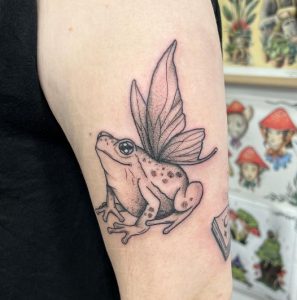 2 Amazing Black Ink Girly Small Fairy Frog Tattoo on Hand Bicep