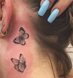 2 Beautiful Black Ink Line Butterflies Tattoo for Pretty Girls Behind the Ear and on Neck side