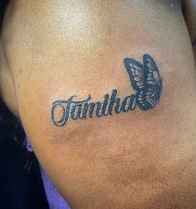 2 Black Ink Butterfly with Name Tattoo for Black Skin on Arm