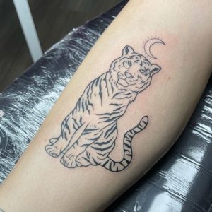 2 Black Ink Line Tiger with Moon Tattoo on Lower Leg