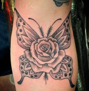 2 Black Ink Rose Butterfly Tattoo on Sleeve