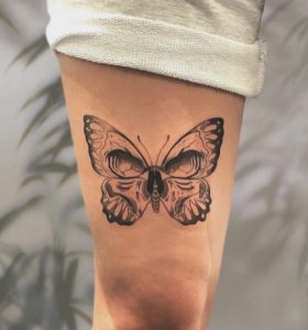 2 Black Ink Trible Skull Butterfly Thigh Tattoo for Sexy Girls
