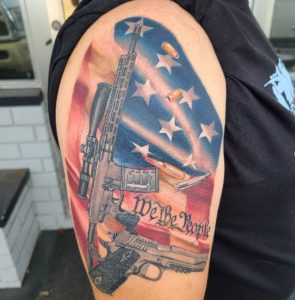 2 Color Inked 1911 Pistol Big Gun with Amarican Flag Tattoo on Arm