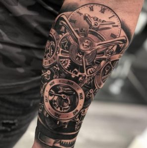 2 Solid Black Ink Design Full Mechanical Gearbox Representing Time Lapse Tattoo on Half Arm