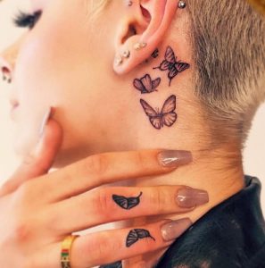 2 Stunning Black Color Ink Tiny Butterflies Tattoo for Female on Neck Bellow Behind Ear