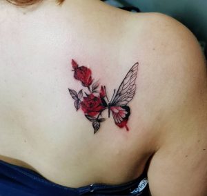 20 Black Gray Redish Color Inked Minimal Rose Butterfly Tattoo for Gift on Back Right Side