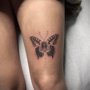 20 Cute Black Inked Butterfly Tattoo on Thigh