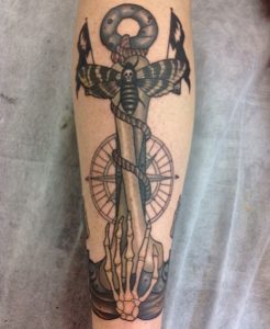 Gray Inked Anchor & Compass Tattoo on Hand
