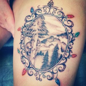 20 Loveable Ink Designed Climbing Bear on Tree In Beautiful Nature Tattoo on Thigh