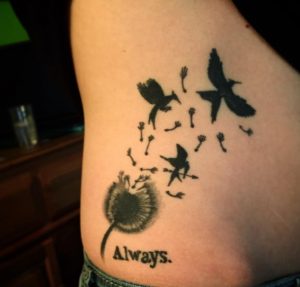 20 Solid Black Ink Floral Mockingjay Flying Birds Tattoo on Hip