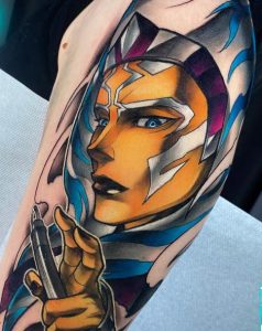 20 Stunning Realistic Color Inked Angry Ahsoka face with Tattoo on Half Arm