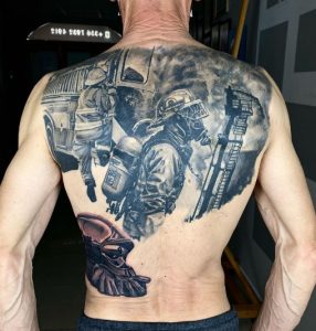 Superb Fire Department Tattoo on full back