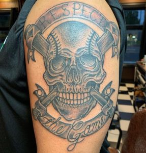 21 Amazing Gray Ink Skull Head with Baseball Stiches Tattoo on Half Arm