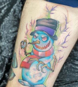 21 Angry Cute Snowman Tattoo on Leg