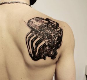 21 Loucrativ Black Art Gear Box Tattoo on Back