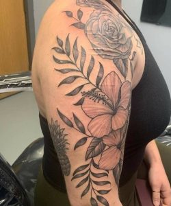 21 Pretty Whipshading Hibiscus Tattoos Covering Shoulder to Half Sleeve