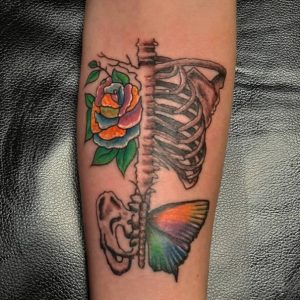 21 Rainbow Color Design Skeleton Tattoo with Rose Butterfly on Hand for Skull Lover