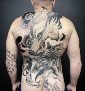 21 Solid Black Ink Ancient Fenrir Wolf Tattoo on Full Back