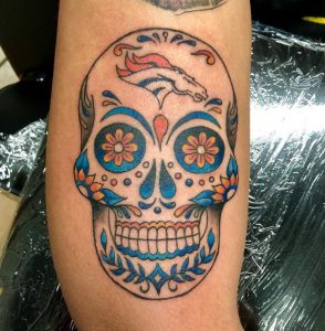 22 Broncos in Mandala Design Skull Tattoo on Arm