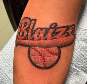 22 Gorgeous Baseball and Bat with Name Tattoo on Sleeve