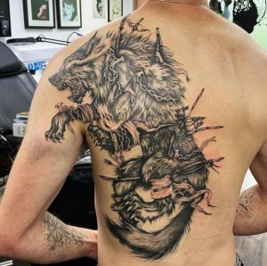 22 Solid Black Ink Viking Fenrir Wolf Slavic Tattoo on Back