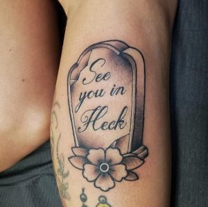22 Traditional Floral Headstone Tattoo on Leg
