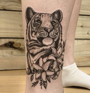 23 Balck Inked Moster Tiger with Flower Tattoo for Female on Side Lower leg