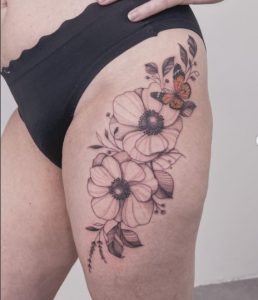 23 Gray and Black ink Design Flowral Tattoo with Butterfly on Thigh
