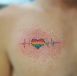 23 Incradible Rainbow Heart Pulse Tattoo on Chest