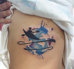 24 Fine Color Ink Art Small Kayak Tattoo on Rib for World Tour