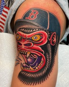 24 Incredible Color Ink Baseball Catcher Mask Tattoo on Arm
