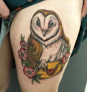 24 Real Color Work Gryffindor Owl Tattoo on Thigh