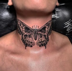 24 Rich Black Inked Big Trible Skull Butterfly on Neck