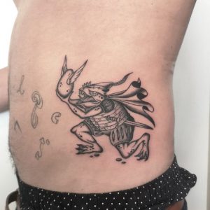 25 Legendery Knight Frog Hunting Fairy Egg Tattoo on Belly