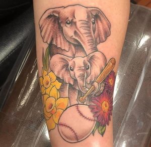 25 Lovely Color Ink Elephent Playing Baseball Floral Tattoo in Planet on Half Arm