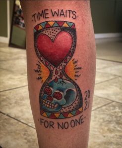 25 Potrait Quote with Red Love Shape Heart and Blue Skull Tattoo for Female on Behind the Lower leg