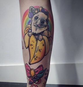 25 chihuahua sugar skull With Rainbow tattoo on Leg