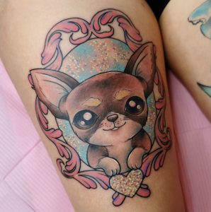 26 Chihuahua Cute Skull Tattoo on Thigh