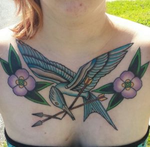 26 Gorgeous Ppolished Blue Color Ink Flora Mockingjay Bird with Broken Arrow Tattoo on Chest