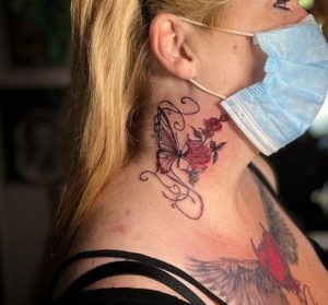 26 Worthy Color Inked Trible Butterfly with Rose Tattoo on Neck Side