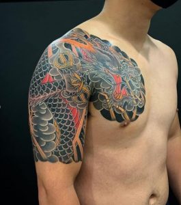 26 monster Body Suit Tattoo covering chest shoulder and half arm